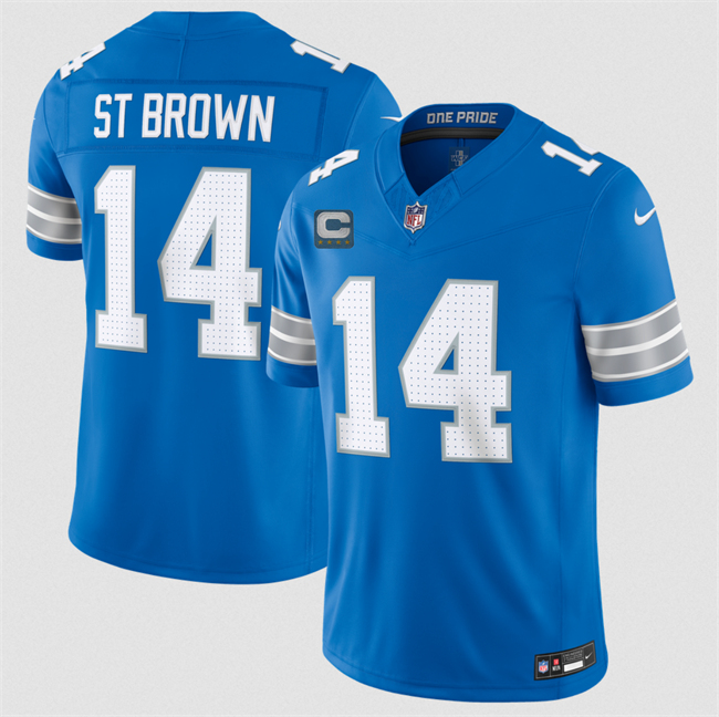Men's Blue Detroit Lions #14 Amon-Ra St. Brown 2026 With 4-Star C Patch F.U.S.E. Vapor Limited Stitched Jersey
